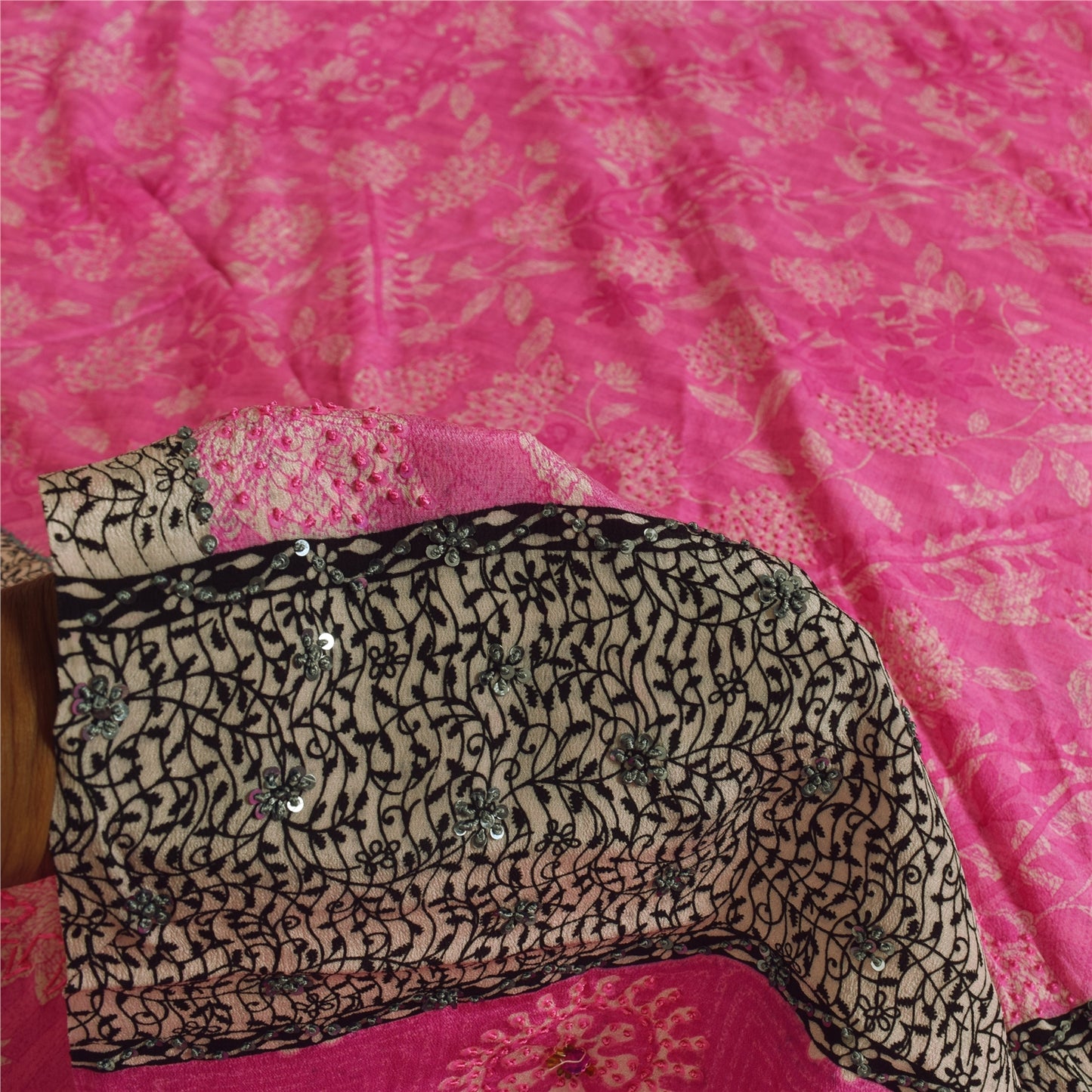 Sanskriti Vintage Sarees Blush Pink Pure Crepe Silk Print Sari 5+yd Craft Fabric