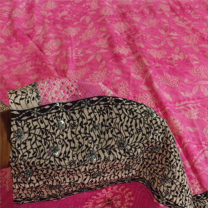 Sanskriti Vintage Sarees Blush Pink Pure Crepe Silk Print Sari 5+yd Craft Fabric