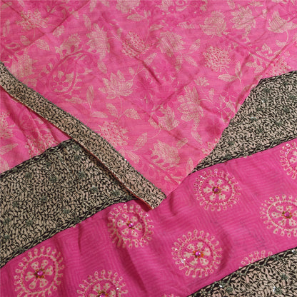 Sanskriti Vintage Sarees Blush Pink Pure Crepe Silk Print Sari 5+yd Craft Fabric