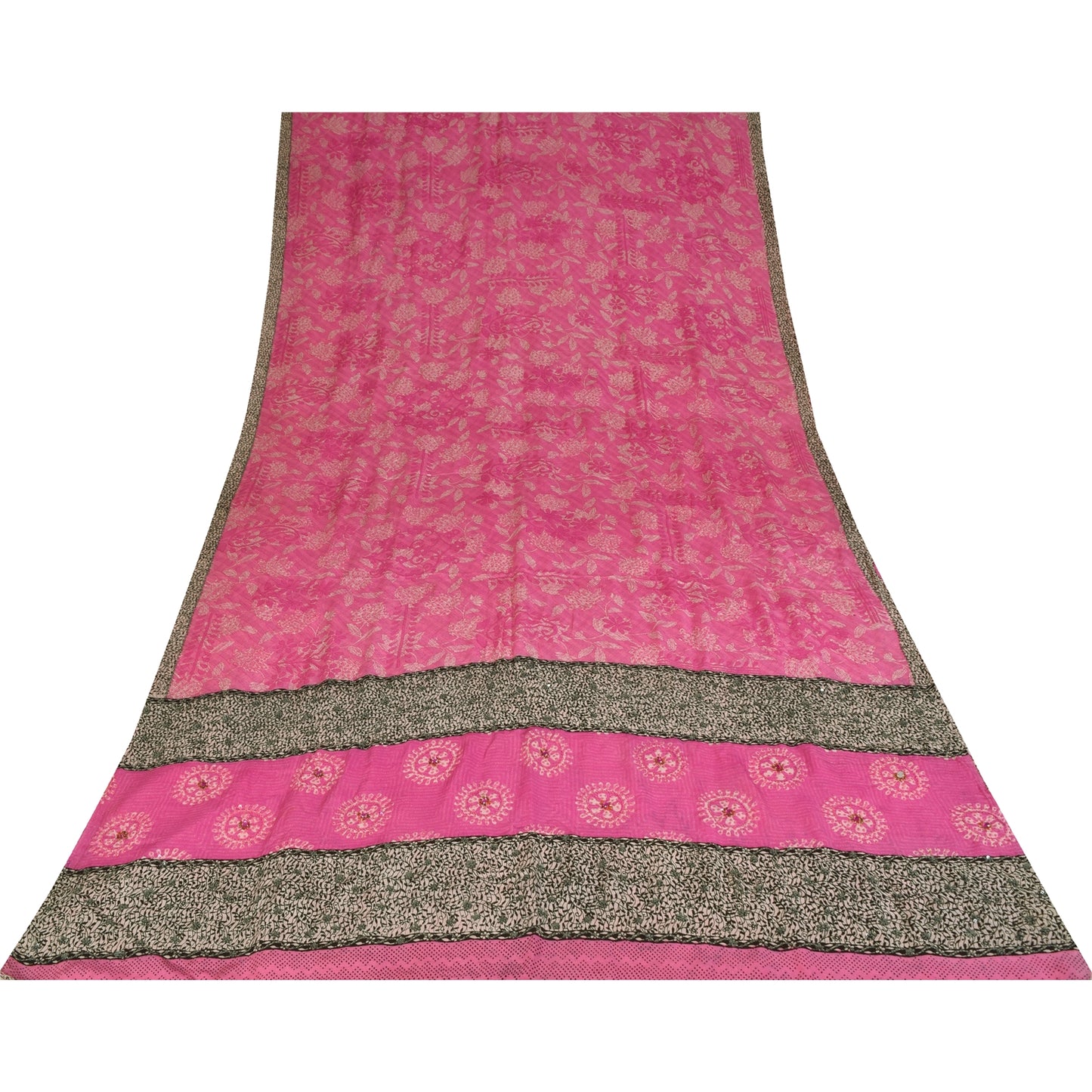 Sanskriti Vintage Sarees Blush Pink Pure Crepe Silk Print Sari 5+yd Craft Fabric