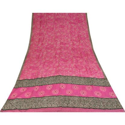Sanskriti Vintage Sarees Blush Pink Pure Crepe Silk Print Sari 5+yd Craft Fabric