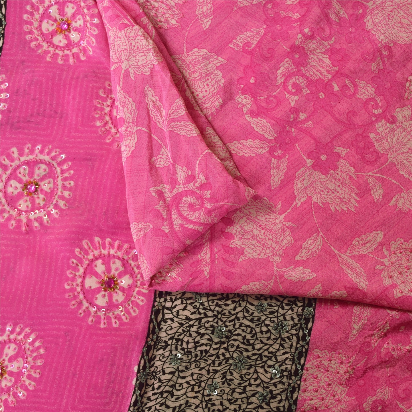 Sanskriti Vintage Sarees Blush Pink Pure Crepe Silk Print Sari 5+yd Craft Fabric
