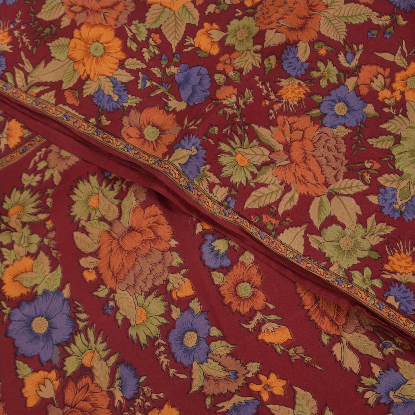 Sanskriti Vintage Sarees Dark Red Pure Crepe Silk Printed Sari 5+yd Craft Fabric