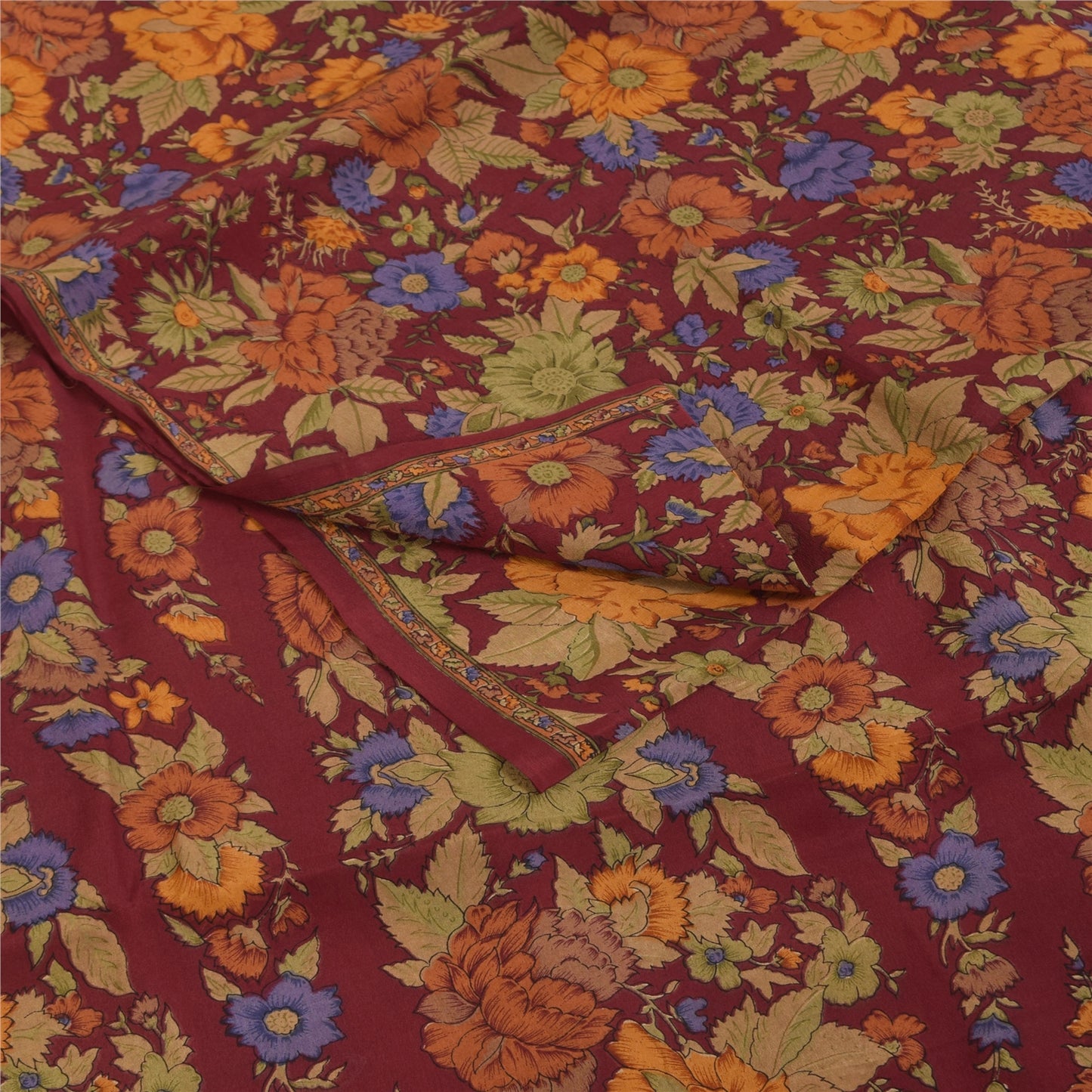 Sanskriti Vintage Sarees Dark Red Pure Crepe Silk Printed Sari 5+yd Craft Fabric