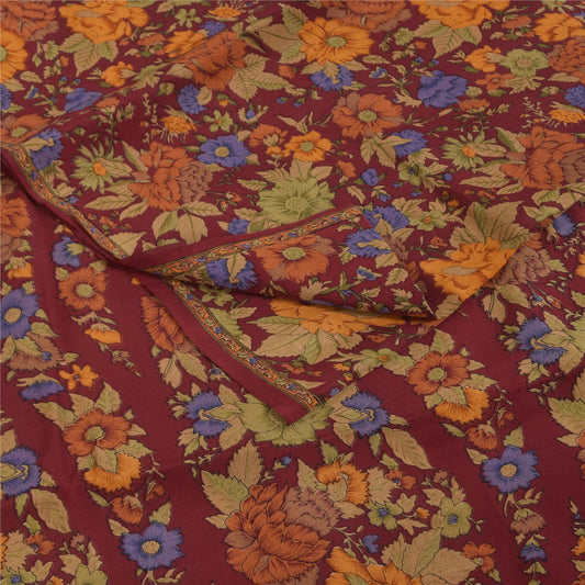 Sanskriti Vintage Sarees Dark Red Pure Crepe Silk Printed Sari 5+yd Craft Fabric