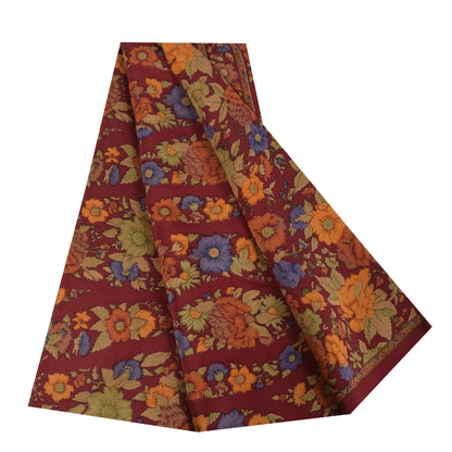 Sanskriti Vintage Sarees Dark Red Pure Crepe Silk Printed Sari 5+yd Craft Fabric