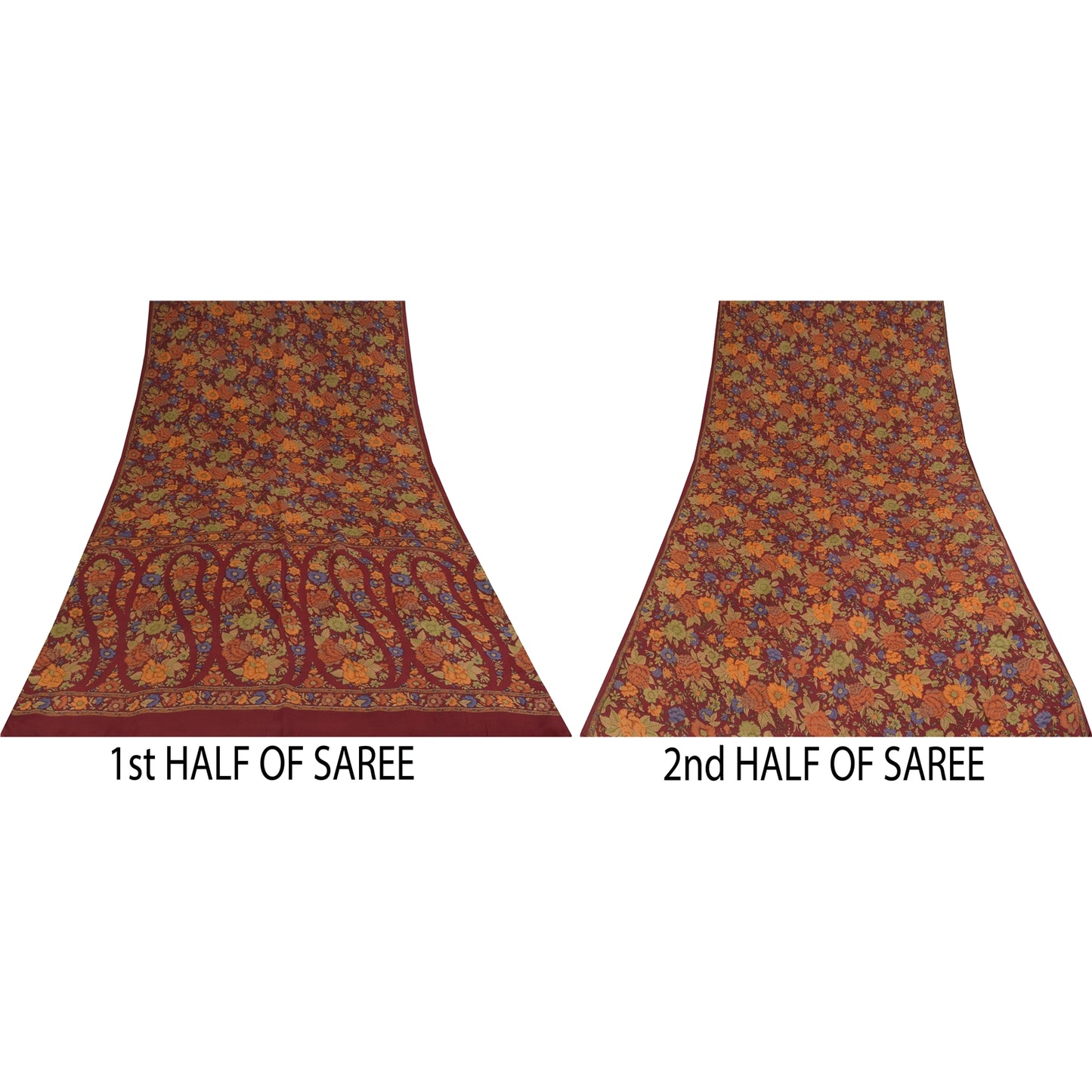 Sanskriti Vintage Sarees Dark Red Pure Crepe Silk Printed Sari 5+yd Craft Fabric