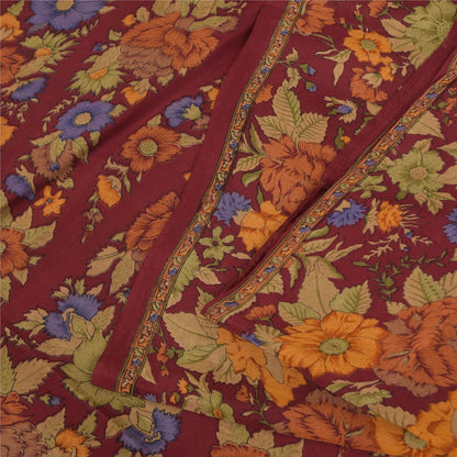 Sanskriti Vintage Sarees Dark Red Pure Crepe Silk Printed Sari 5+yd Craft Fabric