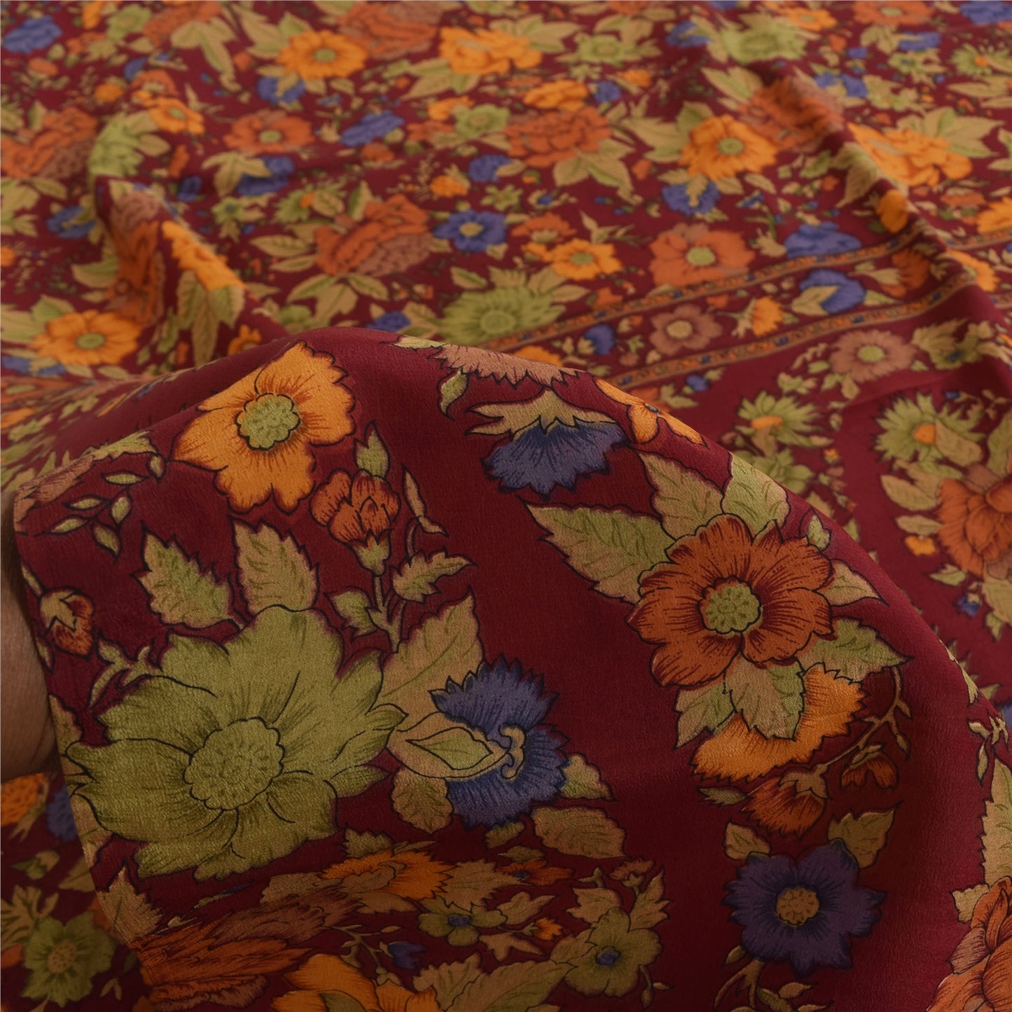 Sanskriti Vintage Sarees Dark Red Pure Crepe Silk Printed Sari 5+yd Craft Fabric