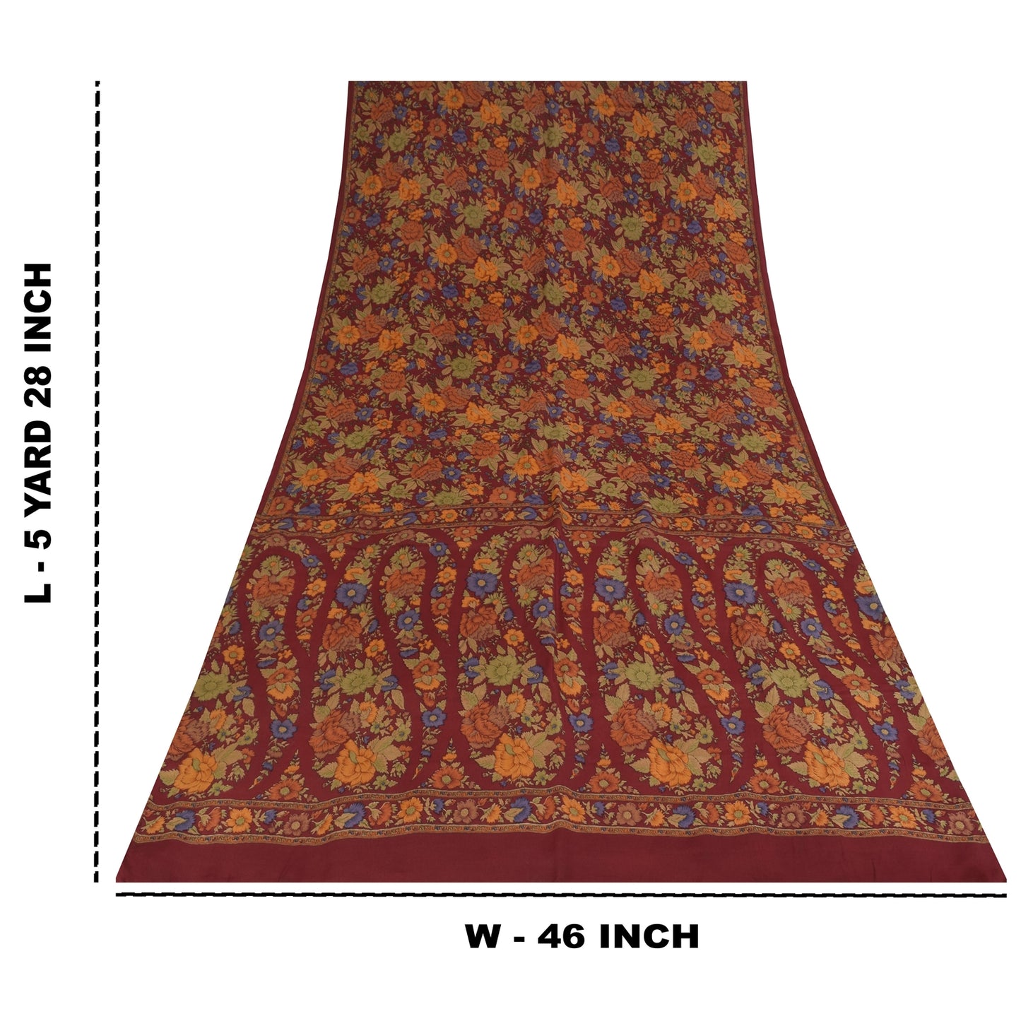 Sanskriti Vintage Sarees Dark Red Pure Crepe Silk Printed Sari 5+yd Craft Fabric