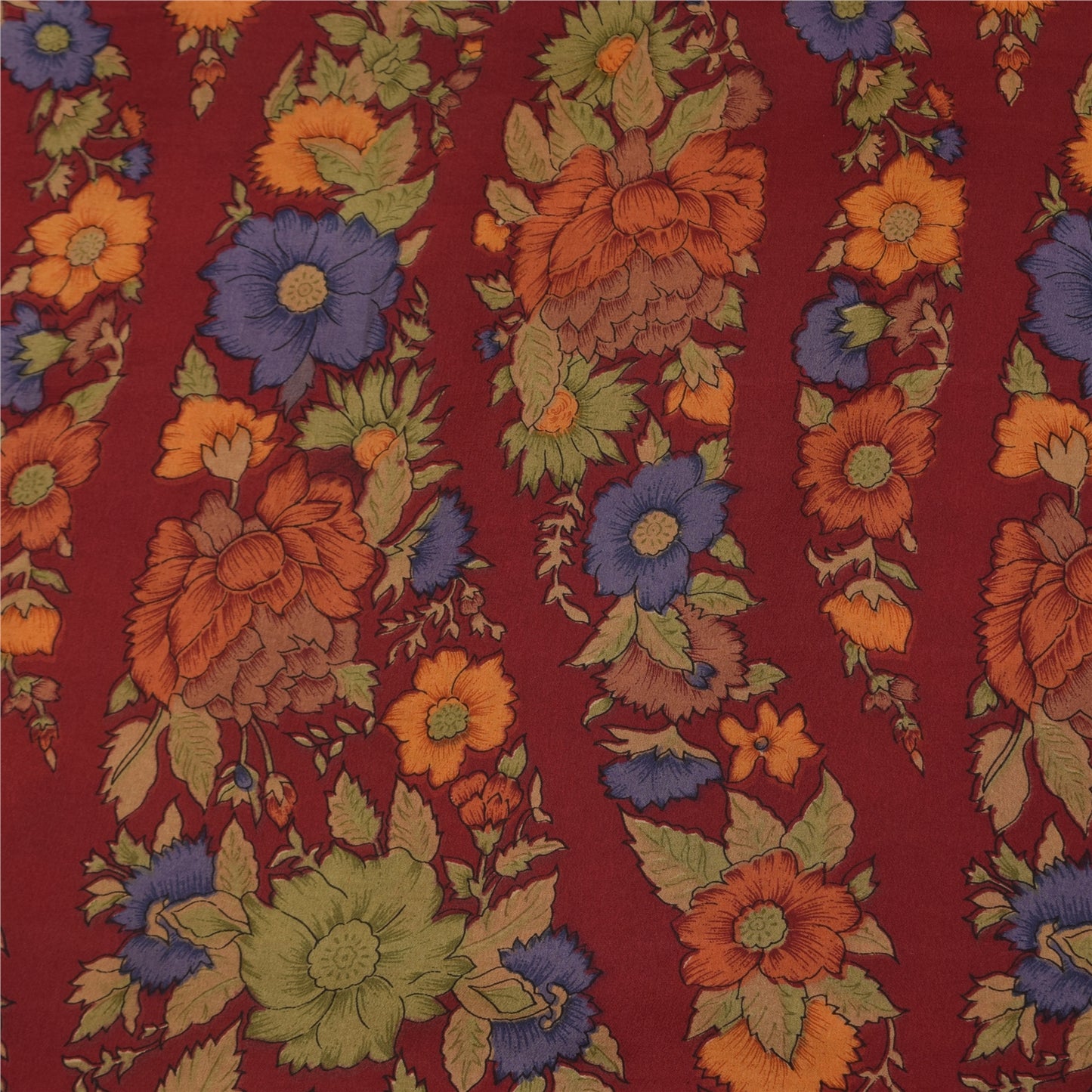 Sanskriti Vintage Sarees Dark Red Pure Crepe Silk Printed Sari 5+yd Craft Fabric