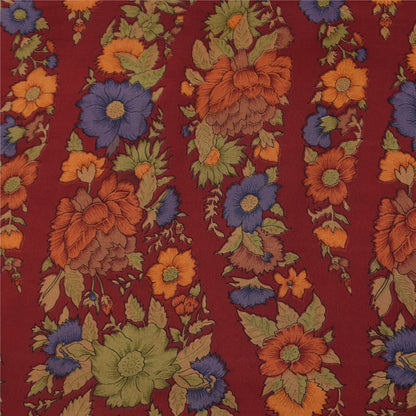 Sanskriti Vintage Sarees Dark Red Pure Crepe Silk Printed Sari 5+yd Craft Fabric