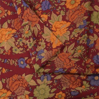 Sanskriti Vintage Sarees Dark Red Pure Crepe Silk Printed Sari 5+yd Craft Fabric
