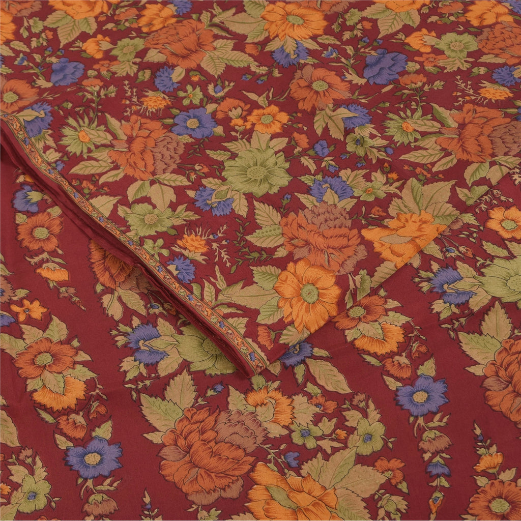 Sanskriti Vintage Sarees Dark Red Pure Crepe Silk Printed Sari 5+yd Craft Fabric
