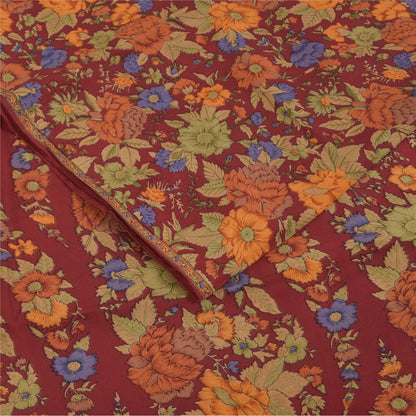 Sanskriti Vintage Sarees Dark Red Pure Crepe Silk Printed Sari 5+yd Craft Fabric