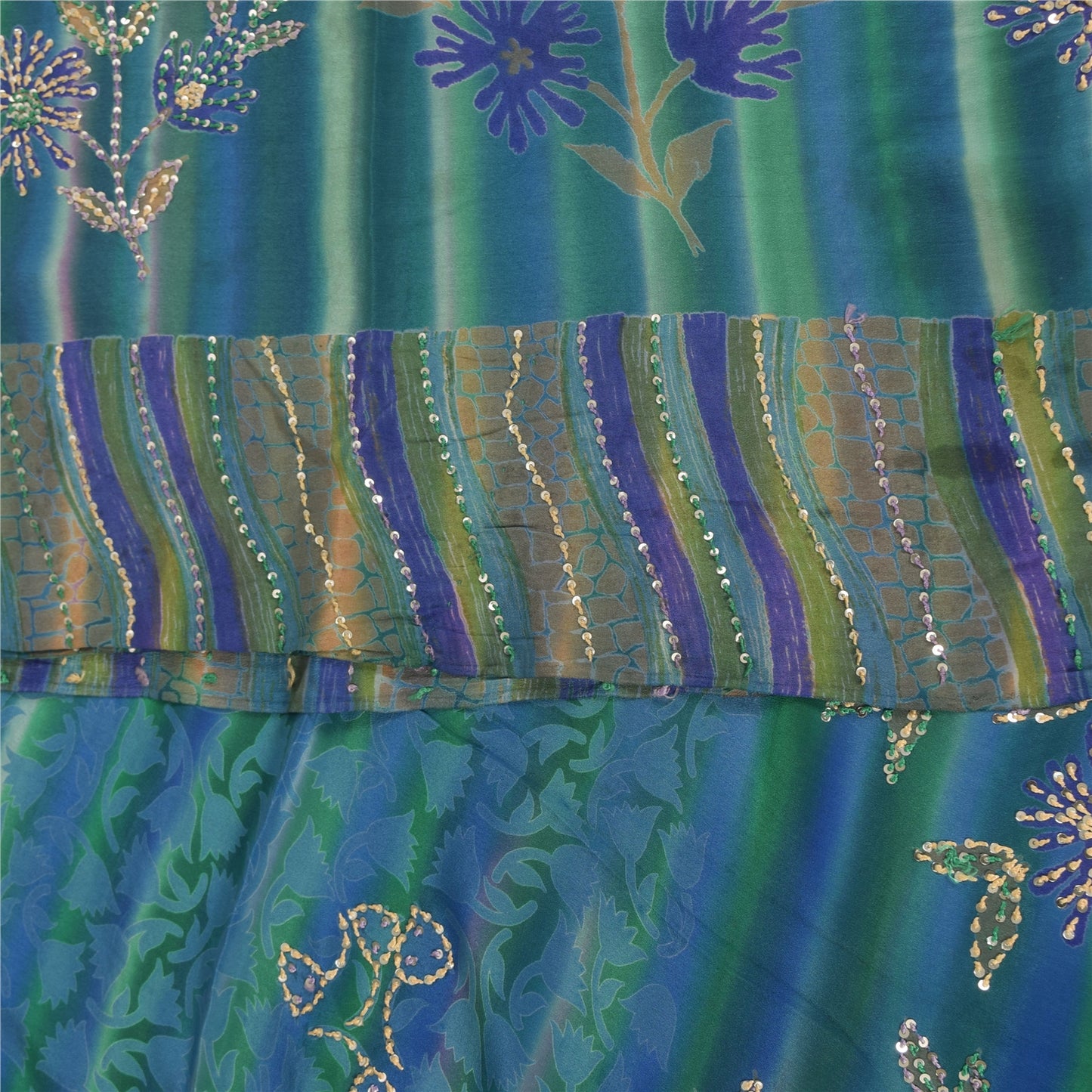 Sanskriti Vintage Sarees Blue Hand Beaded Pure Crepe Printed Sari 5+yd Fabric