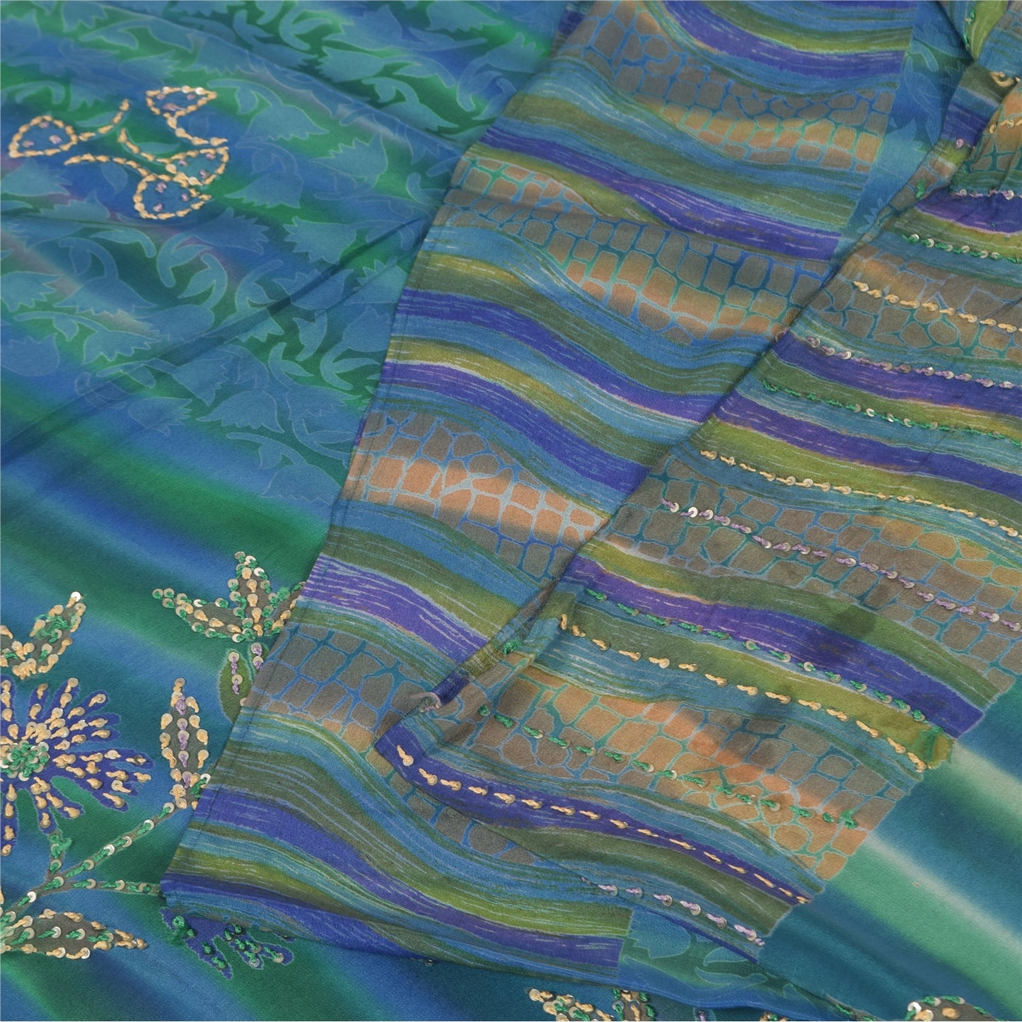 Sanskriti Vintage Sarees Blue Hand Beaded Pure Crepe Printed Sari 5+yd Fabric