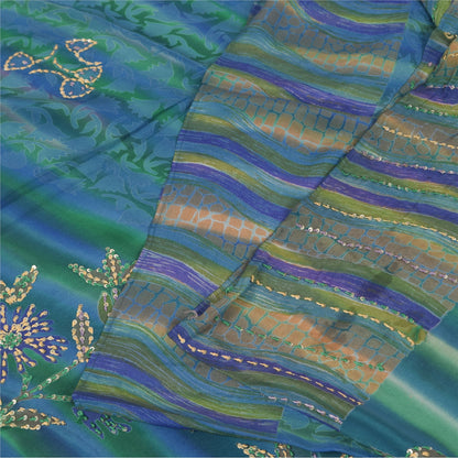 Sanskriti Vintage Sarees Blue Hand Beaded Pure Crepe Printed Sari 5+yd Fabric