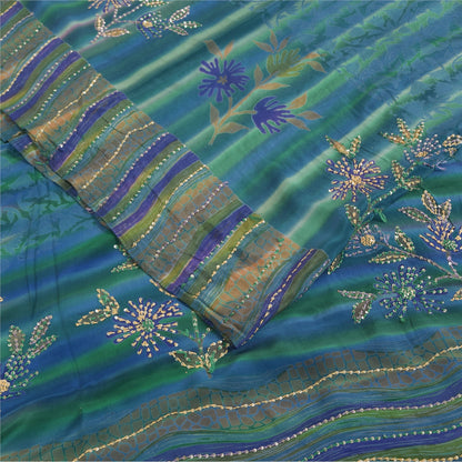 Sanskriti Vintage Sarees Blue Hand Beaded Pure Crepe Printed Sari 5+yd Fabric