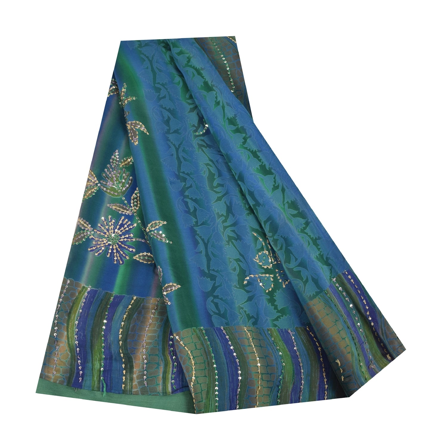 Sanskriti Vintage Sarees Blue Hand Beaded Pure Crepe Printed Sari 5+yd Fabric