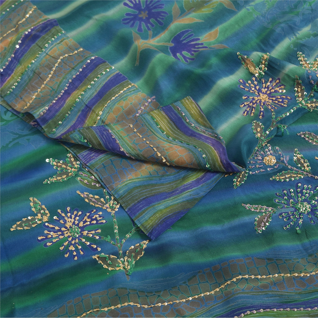 Sanskriti Vintage Sarees Blue Hand Beaded Pure Crepe Printed Sari 5+yd Fabric