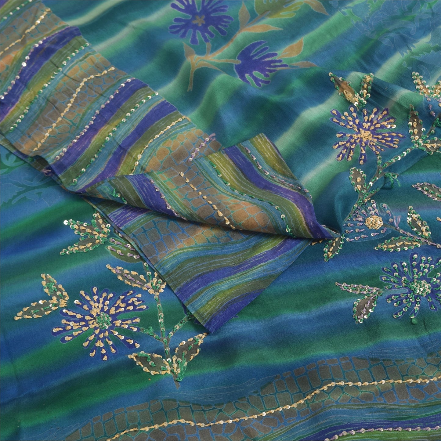 Sanskriti Vintage Sarees Blue Hand Beaded Pure Crepe Printed Sari 5+yd Fabric