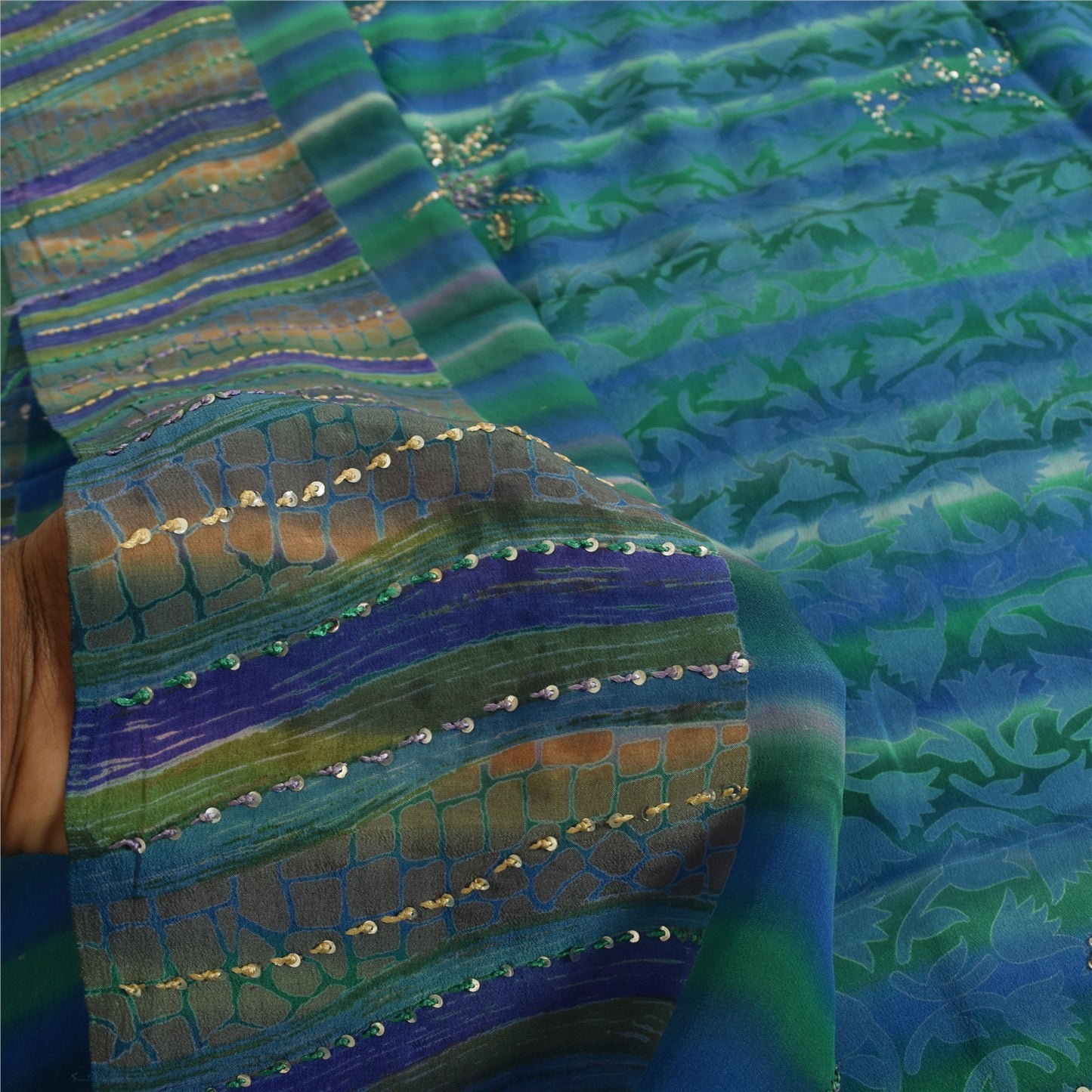 Sanskriti Vintage Sarees Blue Hand Beaded Pure Crepe Printed Sari 5+yd Fabric
