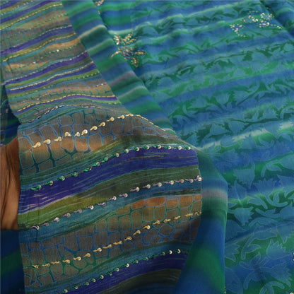Sanskriti Vintage Sarees Blue Hand Beaded Pure Crepe Printed Sari 5+yd Fabric