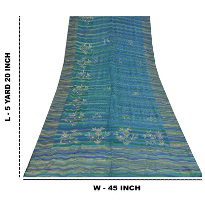 Sanskriti Vintage Sarees Blue Hand Beaded Pure Crepe Printed Sari 5+yd Fabric