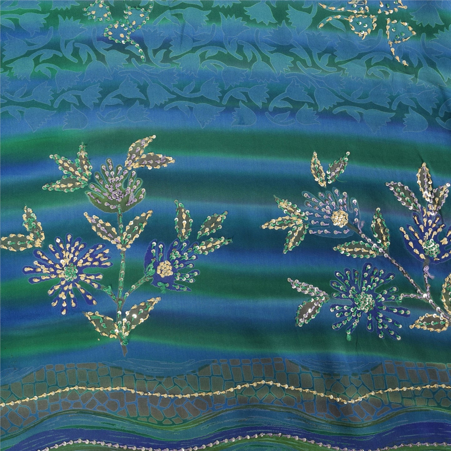 Sanskriti Vintage Sarees Blue Hand Beaded Pure Crepe Printed Sari 5+yd Fabric