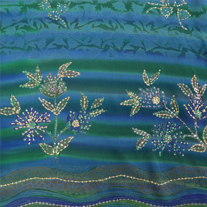 Sanskriti Vintage Sarees Blue Hand Beaded Pure Crepe Printed Sari 5+yd Fabric