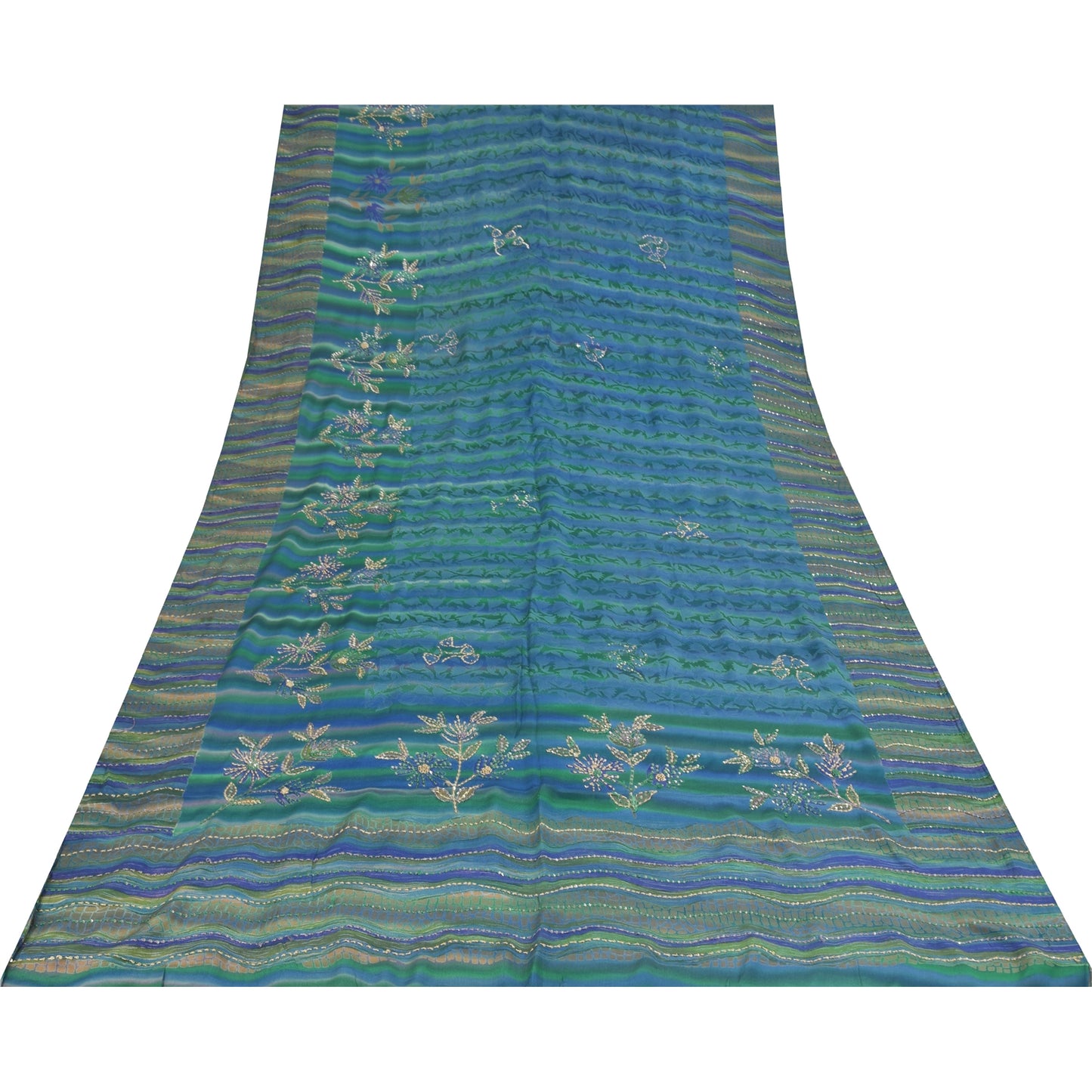 Sanskriti Vintage Sarees Blue Hand Beaded Pure Crepe Printed Sari 5+yd Fabric