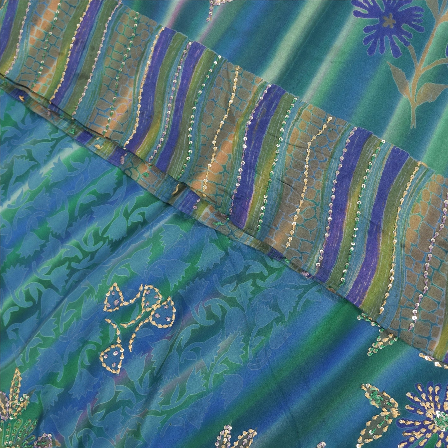 Sanskriti Vintage Sarees Blue Hand Beaded Pure Crepe Printed Sari 5+yd Fabric
