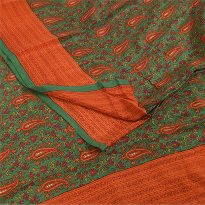 Sanskriti Vintage Sarees Green Pure Crepe Silk Printed Sari 5+yd Craft Fabric