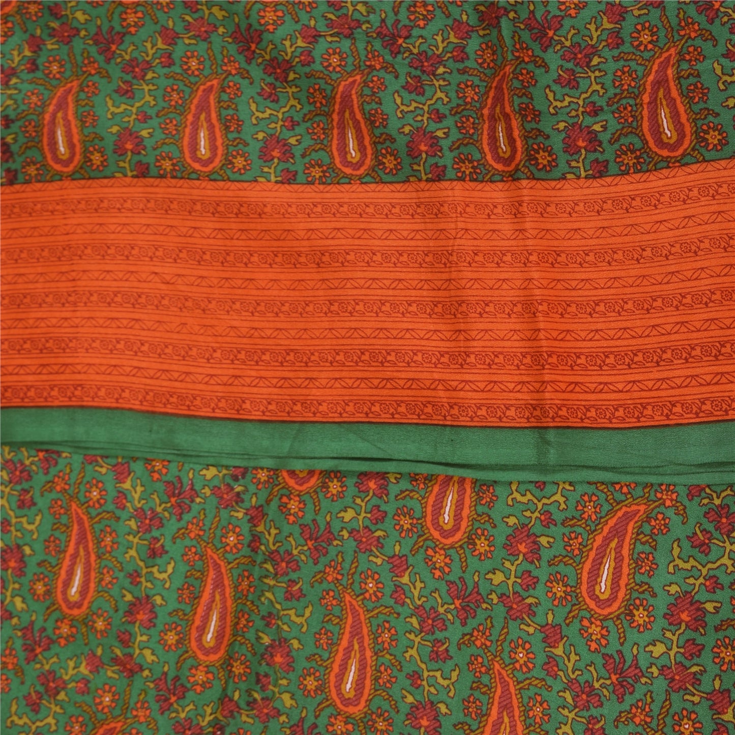 Sanskriti Vintage Sarees Green Pure Crepe Silk Printed Sari 5+yd Craft Fabric