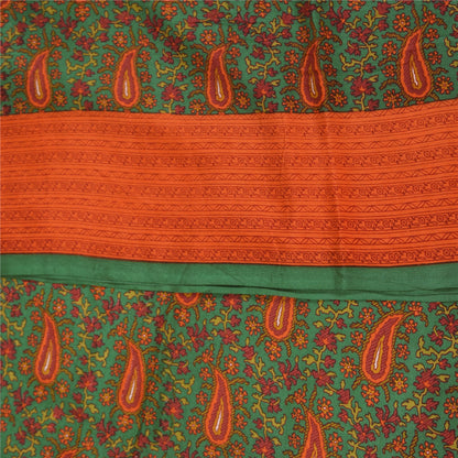 Sanskriti Vintage Sarees Green Pure Crepe Silk Printed Sari 5+yd Craft Fabric