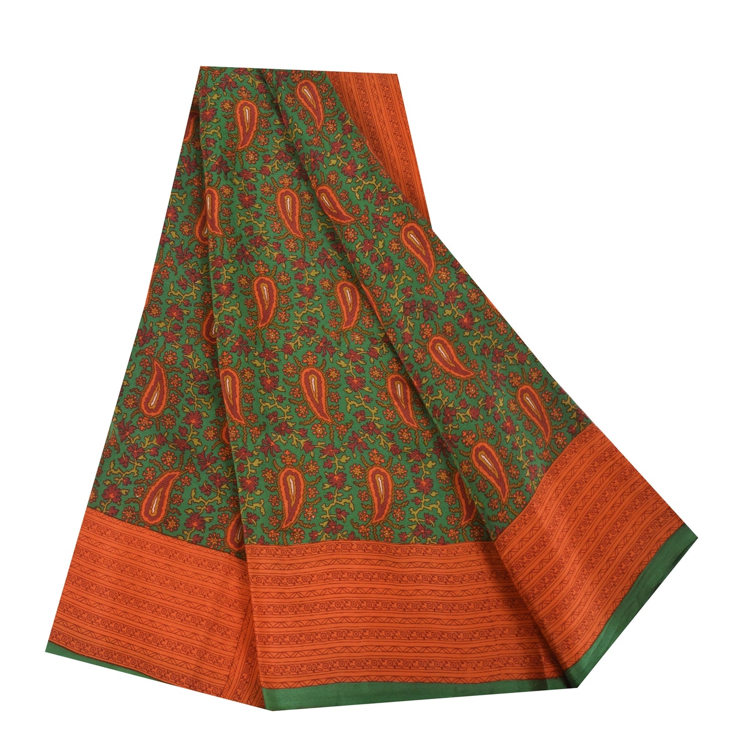 Sanskriti Vintage Sarees Green Pure Crepe Silk Printed Sari 5+yd Craft Fabric