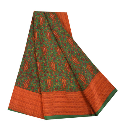 Sanskriti Vintage Sarees Green Pure Crepe Silk Printed Sari 5+yd Craft Fabric