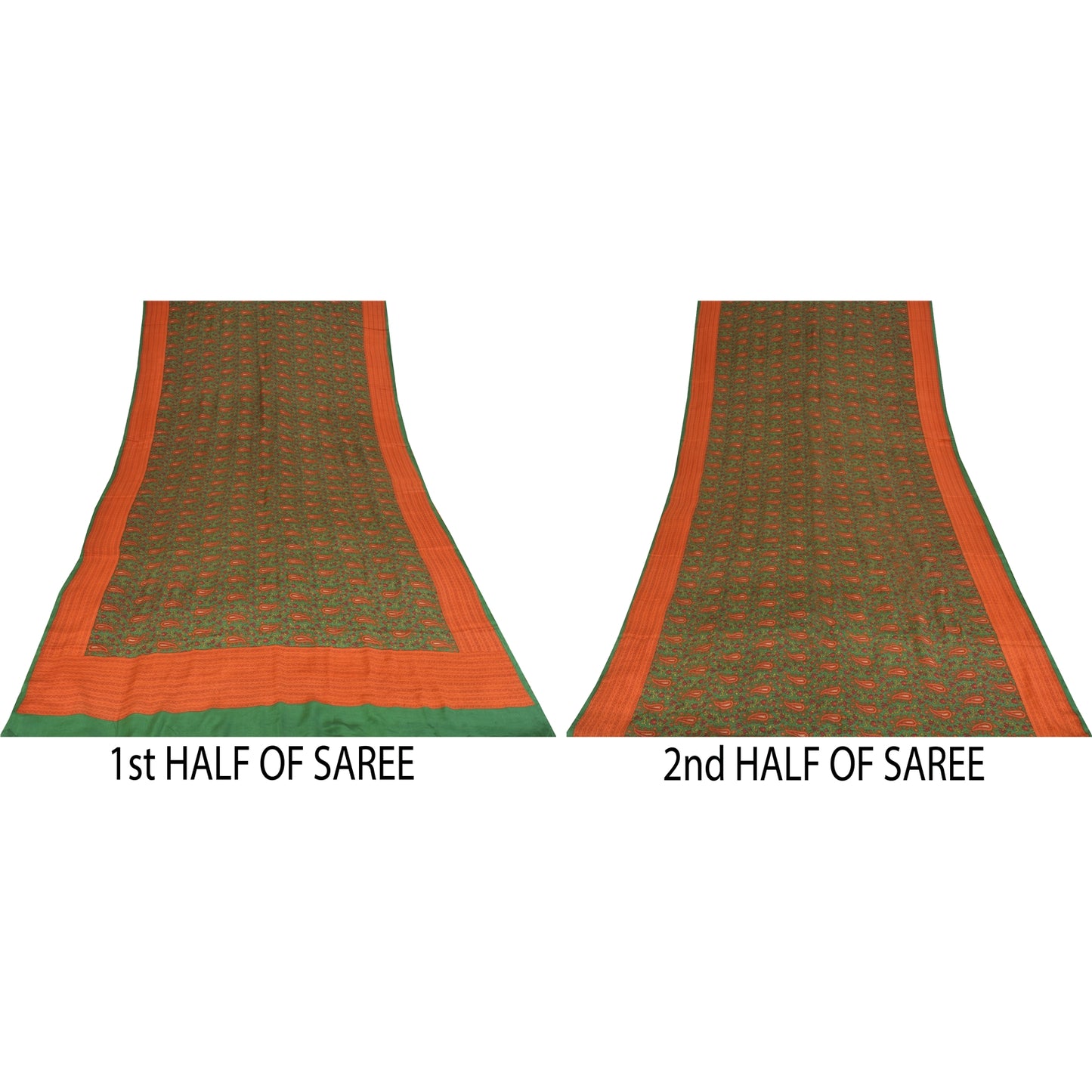 Sanskriti Vintage Sarees Green Pure Crepe Silk Printed Sari 5+yd Craft Fabric