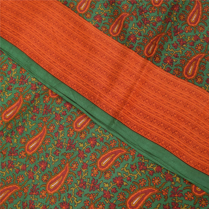 Sanskriti Vintage Sarees Green Pure Crepe Silk Printed Sari 5+yd Craft Fabric