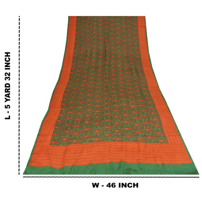 Sanskriti Vintage Sarees Green Pure Crepe Silk Printed Sari 5+yd Craft Fabric