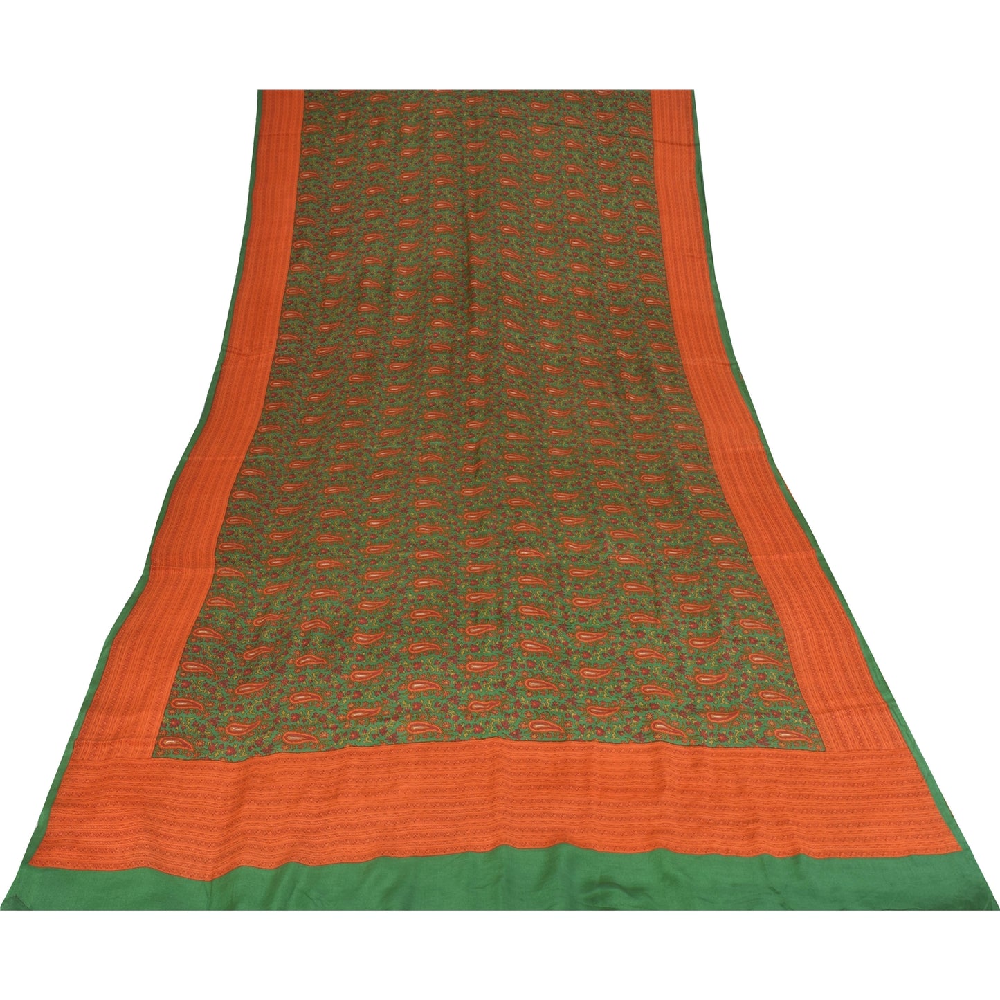 Sanskriti Vintage Sarees Green Pure Crepe Silk Printed Sari 5+yd Craft Fabric