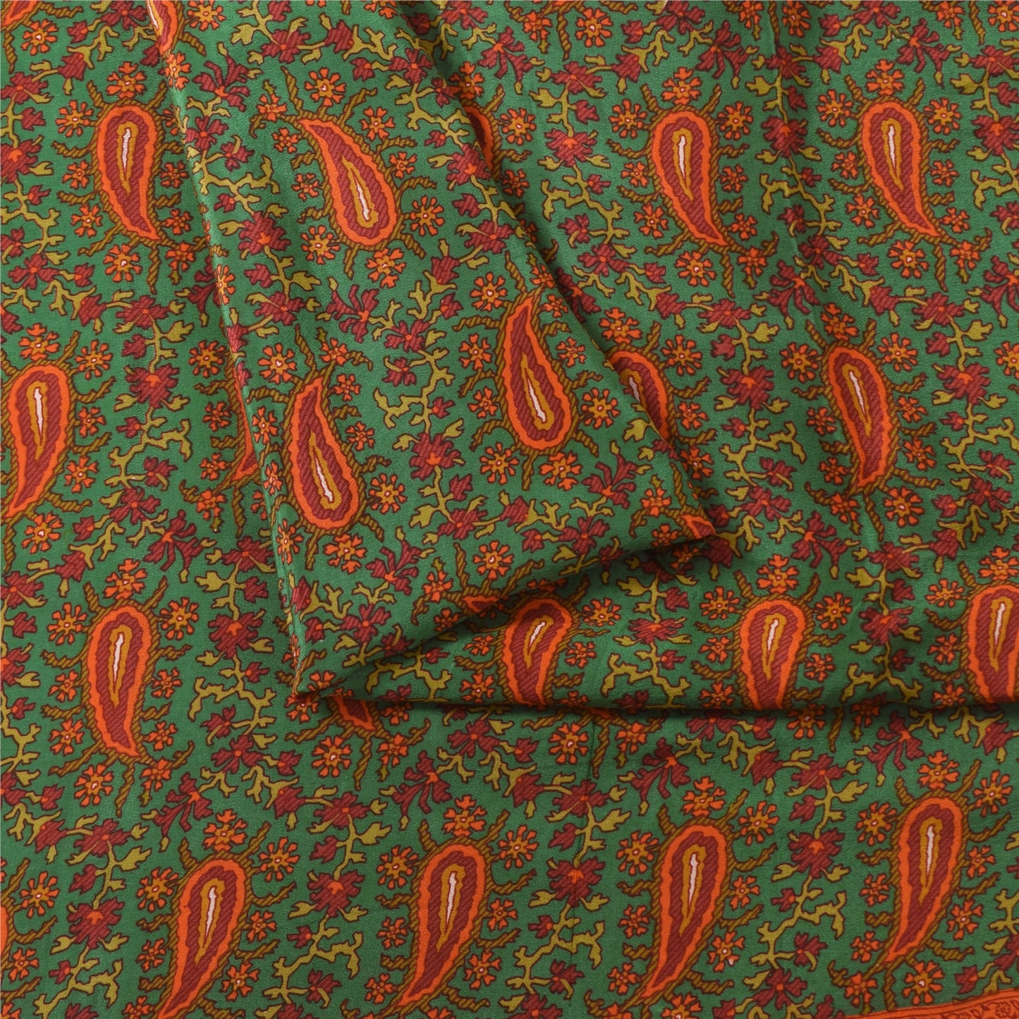 Sanskriti Vintage Sarees Green Pure Crepe Silk Printed Sari 5+yd Craft Fabric