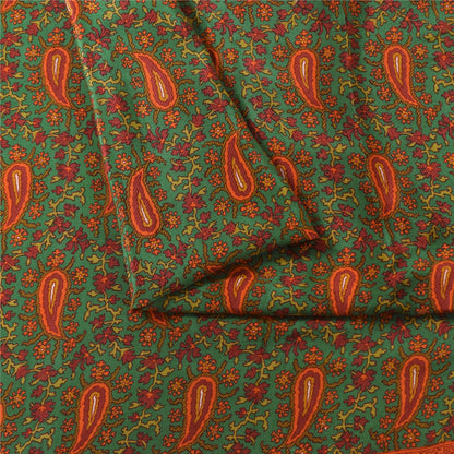 Sanskriti Vintage Sarees Green Pure Crepe Silk Printed Sari 5+yd Craft Fabric