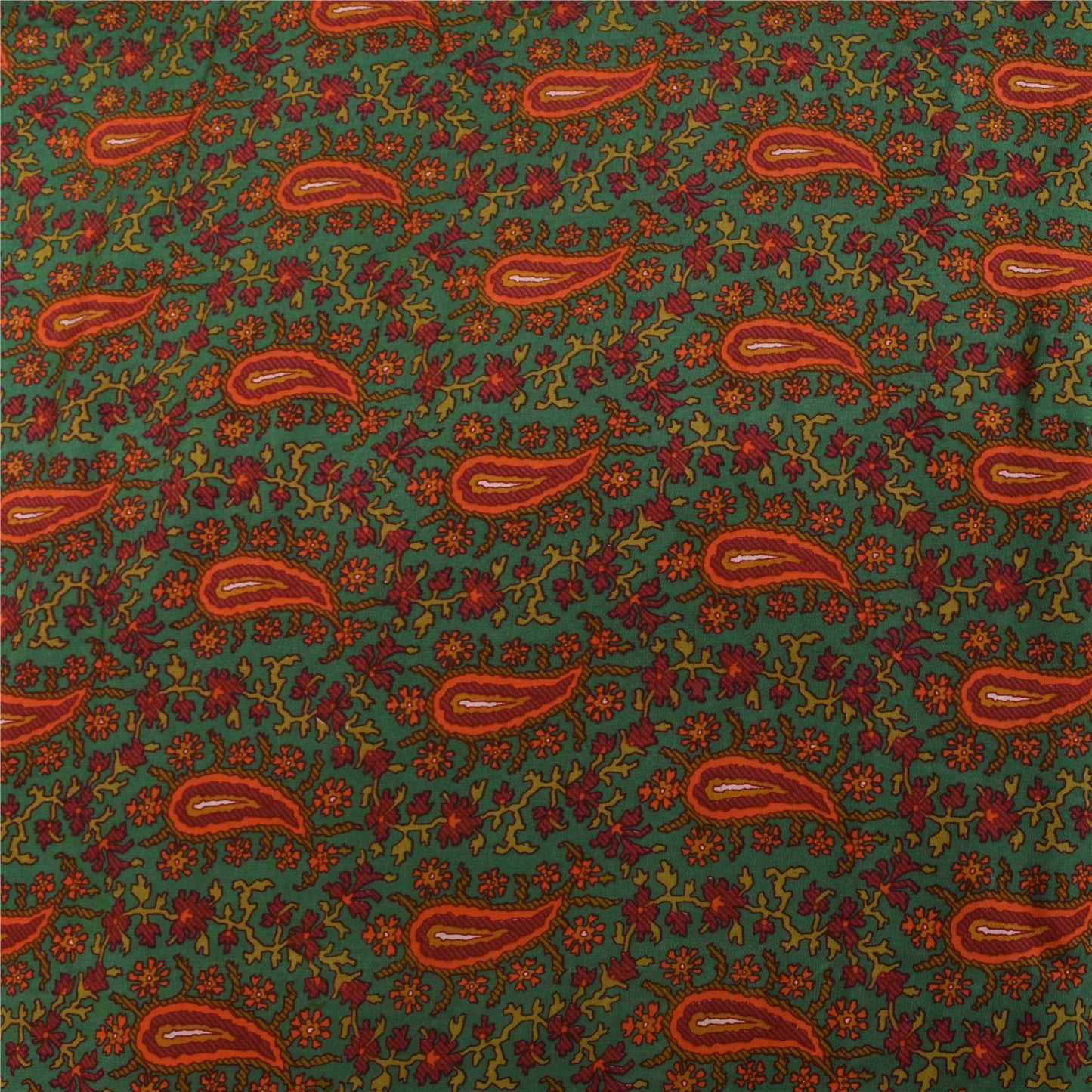 Sanskriti Vintage Sarees Green Pure Crepe Silk Printed Sari 5+yd Craft Fabric