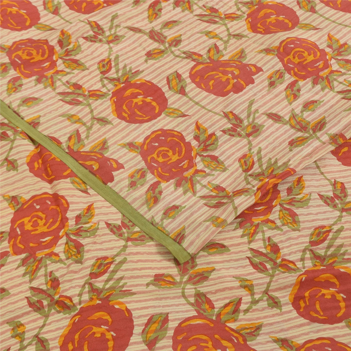 Sanskriti Vintage Sarees Ivory Pure Crepe Silk Printed Sari 5+yd Craft Fabric