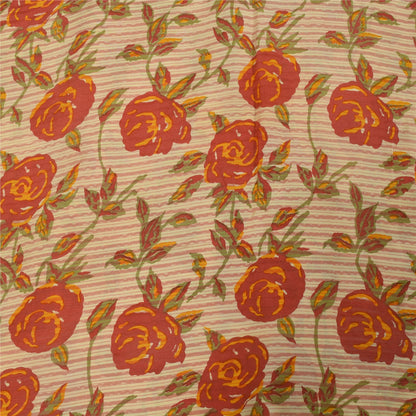 Sanskriti Vintage Sarees Ivory Pure Crepe Silk Printed Sari 5+yd Craft Fabric