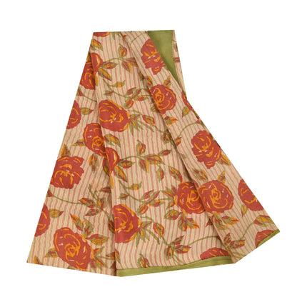 Sanskriti Vintage Sarees Ivory Pure Crepe Silk Printed Sari 5+yd Craft Fabric