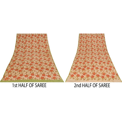 Sanskriti Vintage Sarees Ivory Pure Crepe Silk Printed Sari 5+yd Craft Fabric