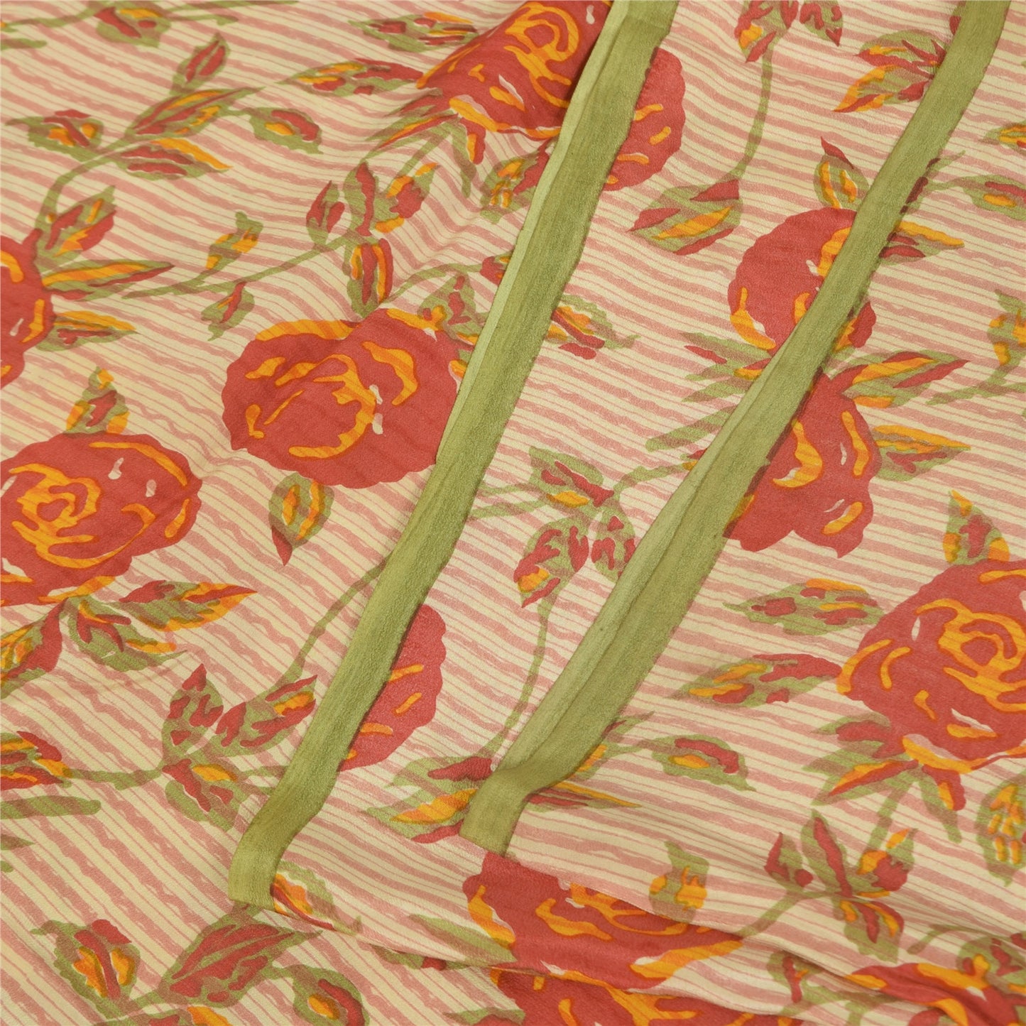 Sanskriti Vintage Sarees Ivory Pure Crepe Silk Printed Sari 5+yd Craft Fabric